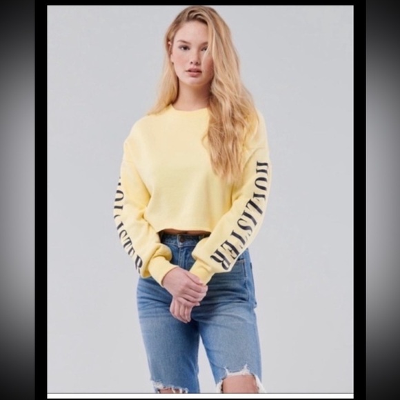 Hollister yellow Croptop Sweatshirt women’s S Spellout on sleeves pullover Boho - Picture 8 of 12